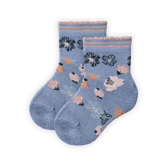 People Wear Organic Frottee Socken, 2er Pack, rosa gepunktet und blau gemustert mit Motiv "Blumen", Bio-Baumwolle GOTS