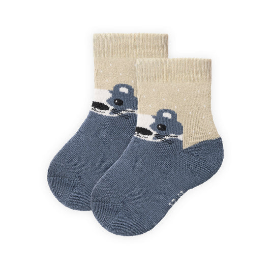 People Wear Organic Frottee Socken, 2er Pack, blau geringelt und blau mit Motiv "Dachs", Bio-Baumwolle, GOTS