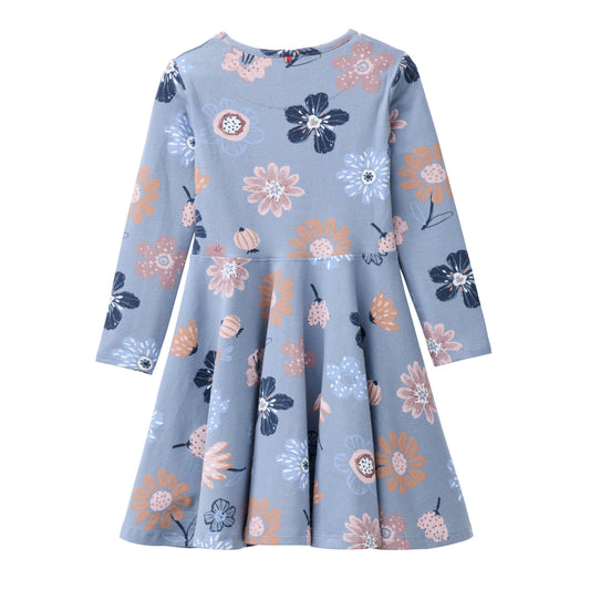 People Wear Organic Langarm Kleid, blau bedruckt, "große Herbstblumen", Bio-Baumwolle