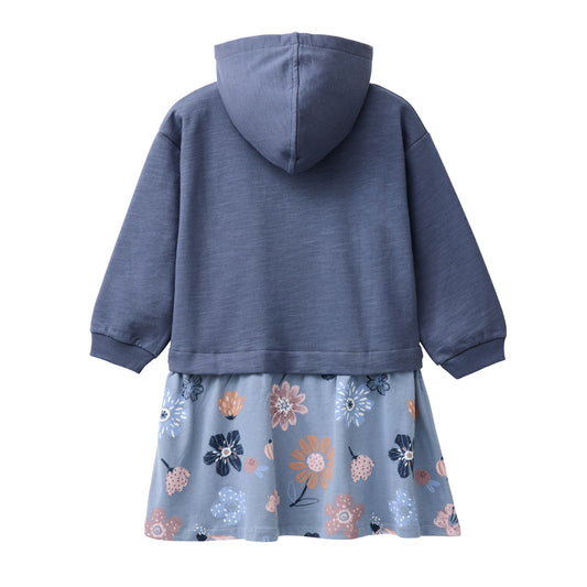People Wear Organic Sweat Kleid, blau uni und blau bedruckt "große Herbstblumen", Bio-Baumwolle, GOTS