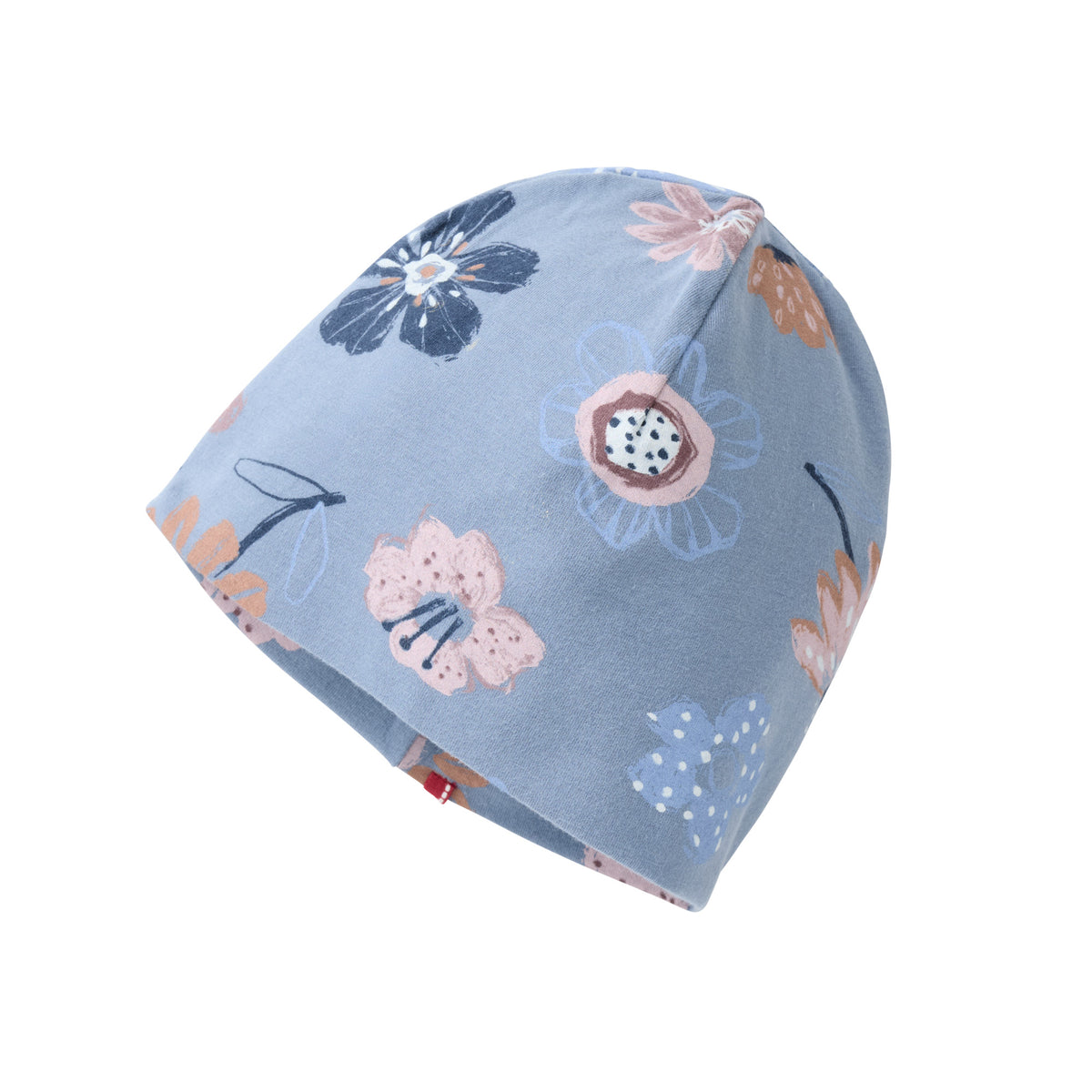 People Wear Organic Beanie, blau bedruckt, "große Herbstblumen", Bio-Baumwolle GOTS