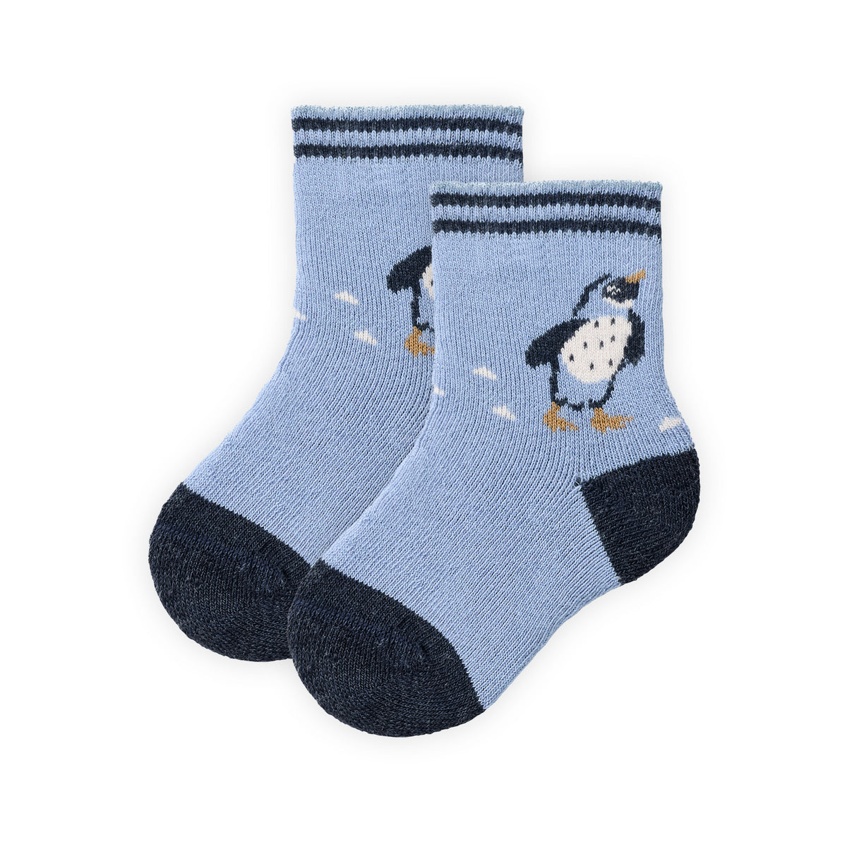 People Wear Organic Frottee Socken in rauchblau mit Motiv "Pinguin" GOTS