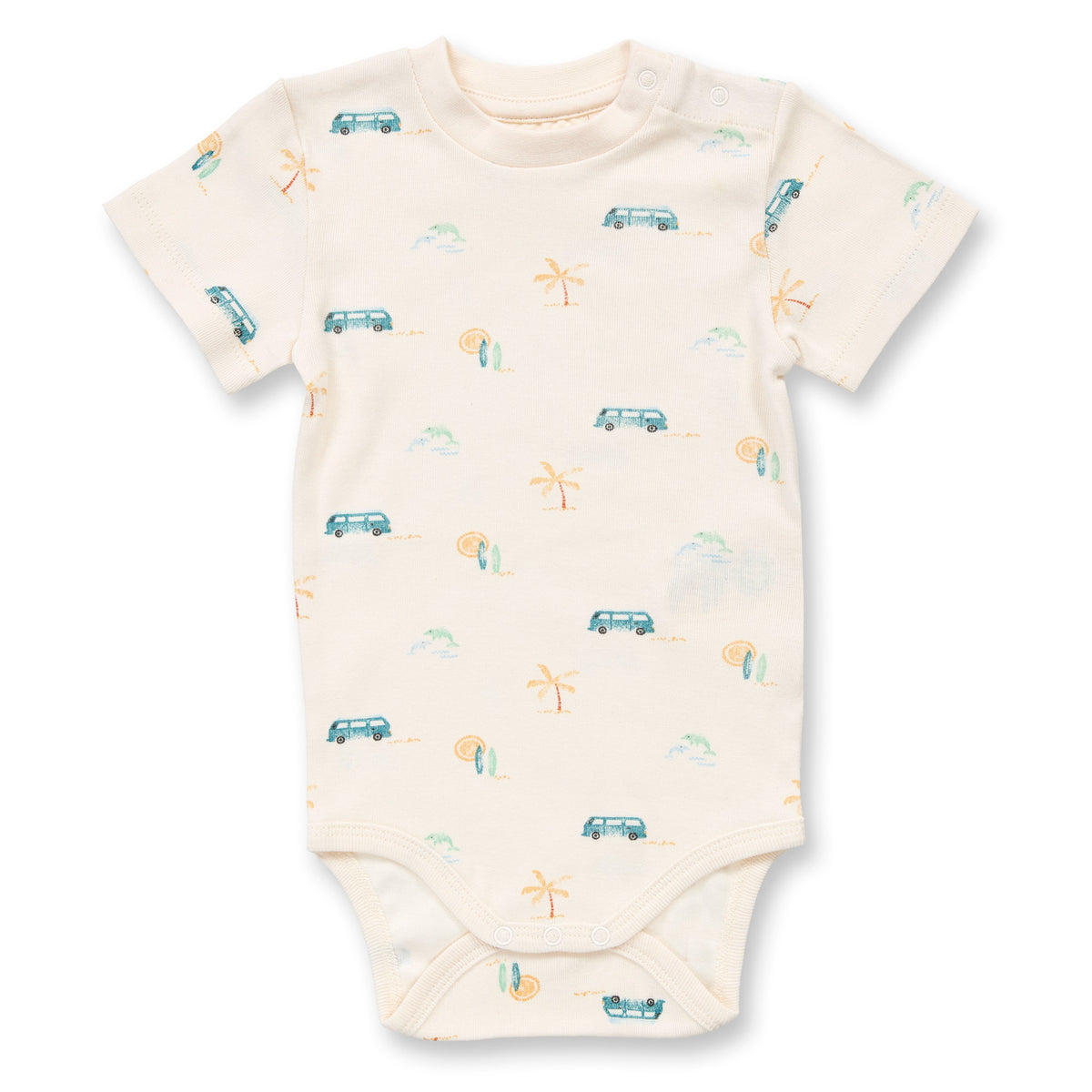 Sense Organics Baby Body weiß mit Retro-Bus-Druck, Modell VARIN, GOTS