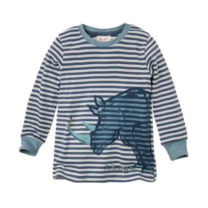 People Wear Organic Pyjama in dunkelblau geringelt mit Motiv "Nashorn" GOTS