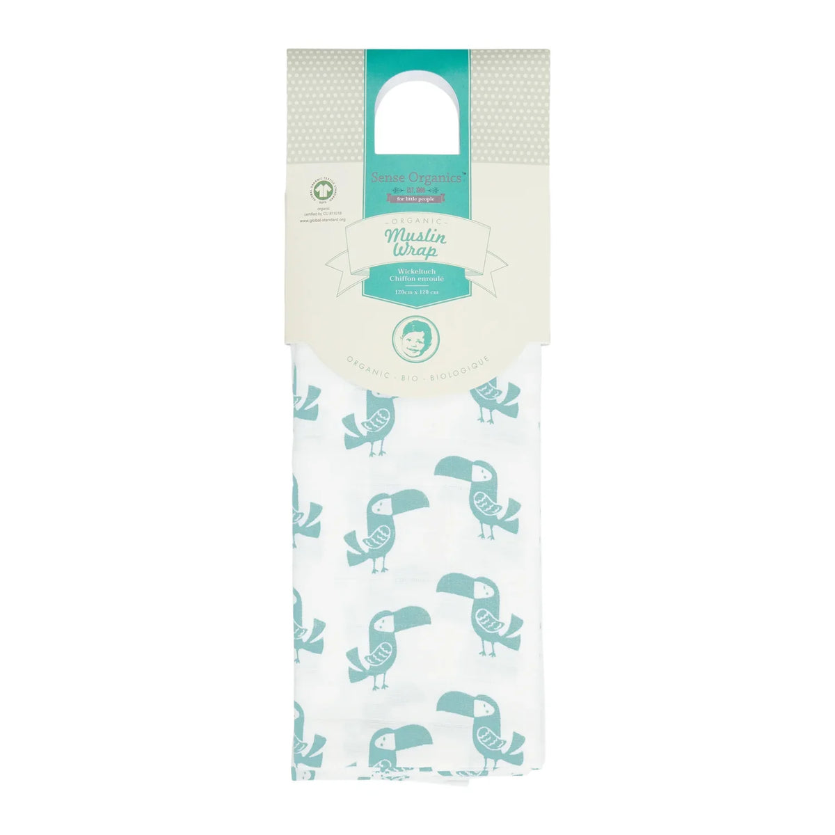 Sense Organics Musselin Decke Vita mit Tukan in aqua