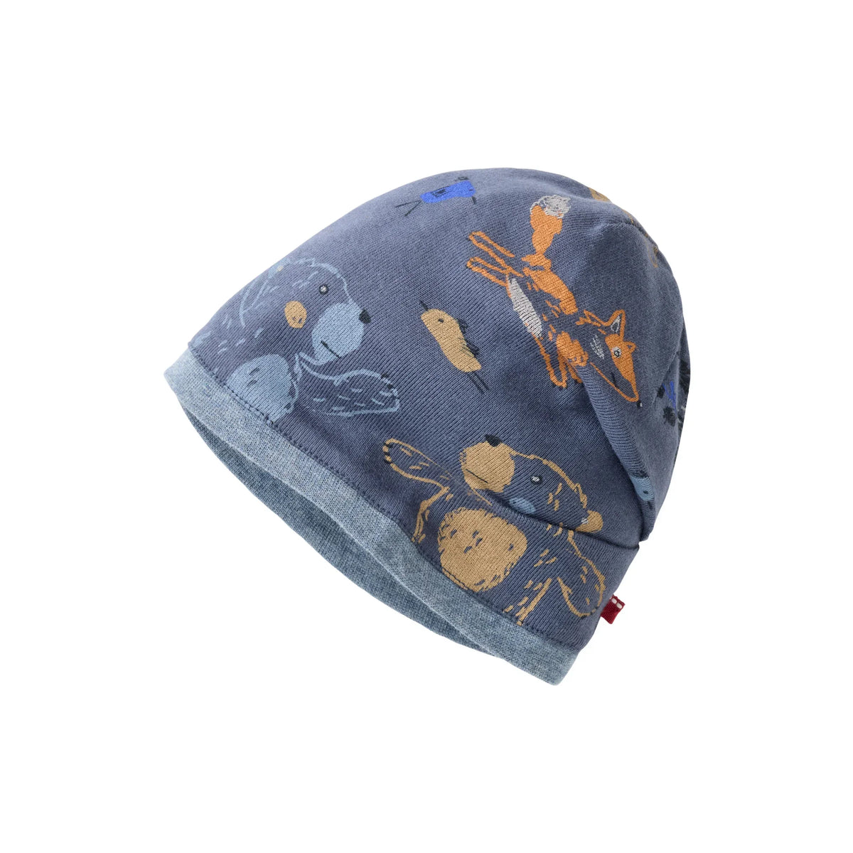 People Wear Organic Wendemütze in blau mit Waldtierprint und blau mélange aus Bio-Baumwolle GOTS