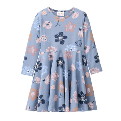 People Wear Organic Langarm Kleid, blau bedruckt,  "große Herbstblumen", Bio-Baumwolle