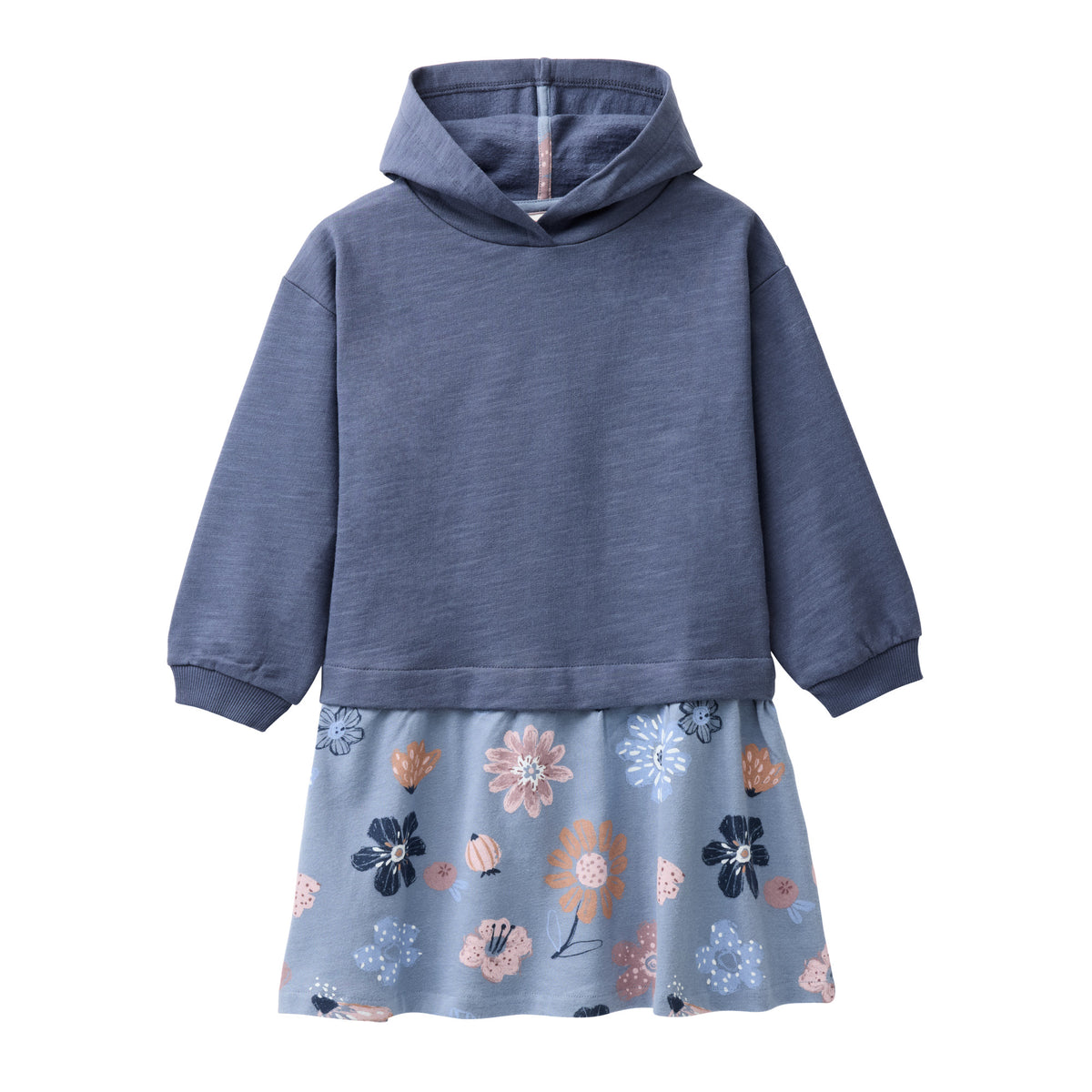 People Wear Organic Sweat Kleid, blau uni und blau bedruckt  "große Herbstblumen", Bio-Baumwolle, GOTS