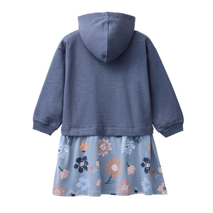 People Wear Organic Sweat Kleid, blau uni und blau bedruckt  "große Herbstblumen", Bio-Baumwolle, GOTS