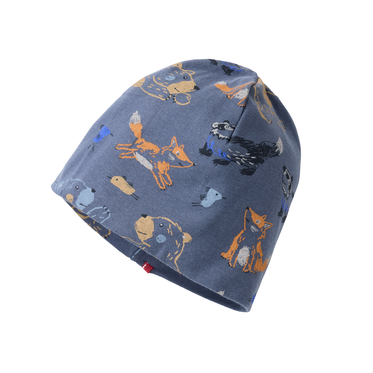 People Wear Organic Beanie, blau bedruckt, "Waldtiere",  Bio-Baumwolle GOTS