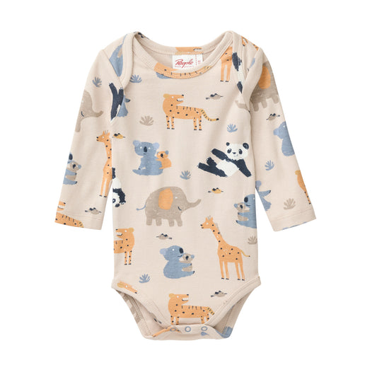 People Wear Organic Langarm Body in sand bedruckt mit Zootier-Print GOTS