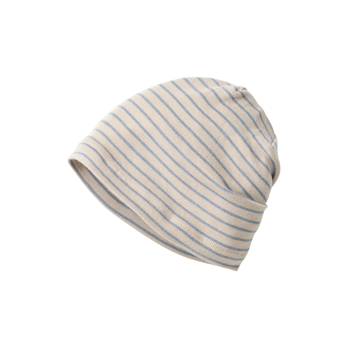 People Wear Organic Wendemütze in  sand bedruckt mit Zootier-Print und rauchblau geringelt GOTS