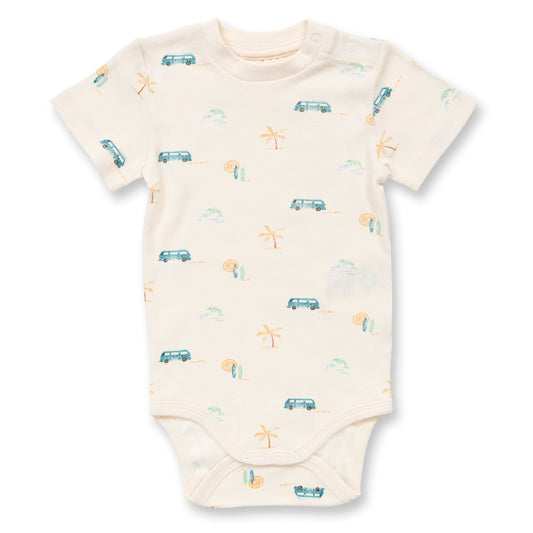 Sense Organics Baby Body weiß mit Retro-Bus-Druck, Modell VARIN, GOTS