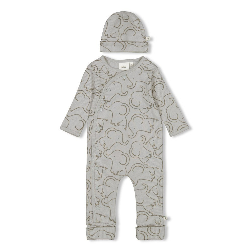 Feetje Strampler mit Klappfuß Geschenkkarton Set mit Mütze - Elefantenprint