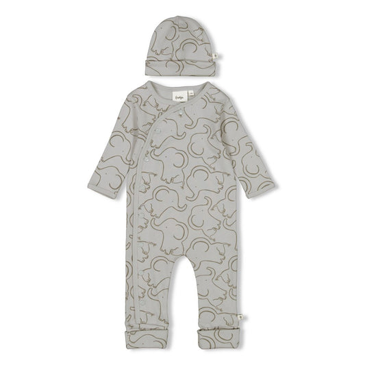 Feetje Strampler mit Klappfuß Geschenkkarton Set mit Mütze - Elefantenprint