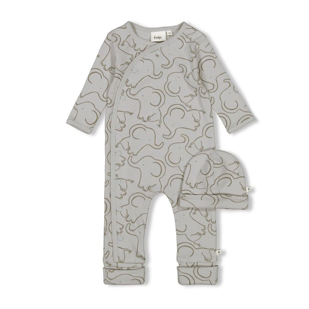 Feetje Strampler mit Klappfuß Geschenkkarton Set mit Mütze - Elefantenprint