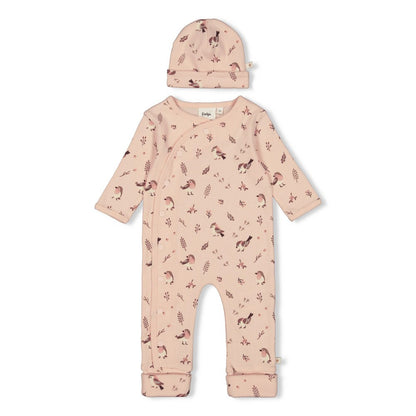 Feetje Strampler mit Klappfuß Geschenkkarton Set mit Mütze - Vogelprint
