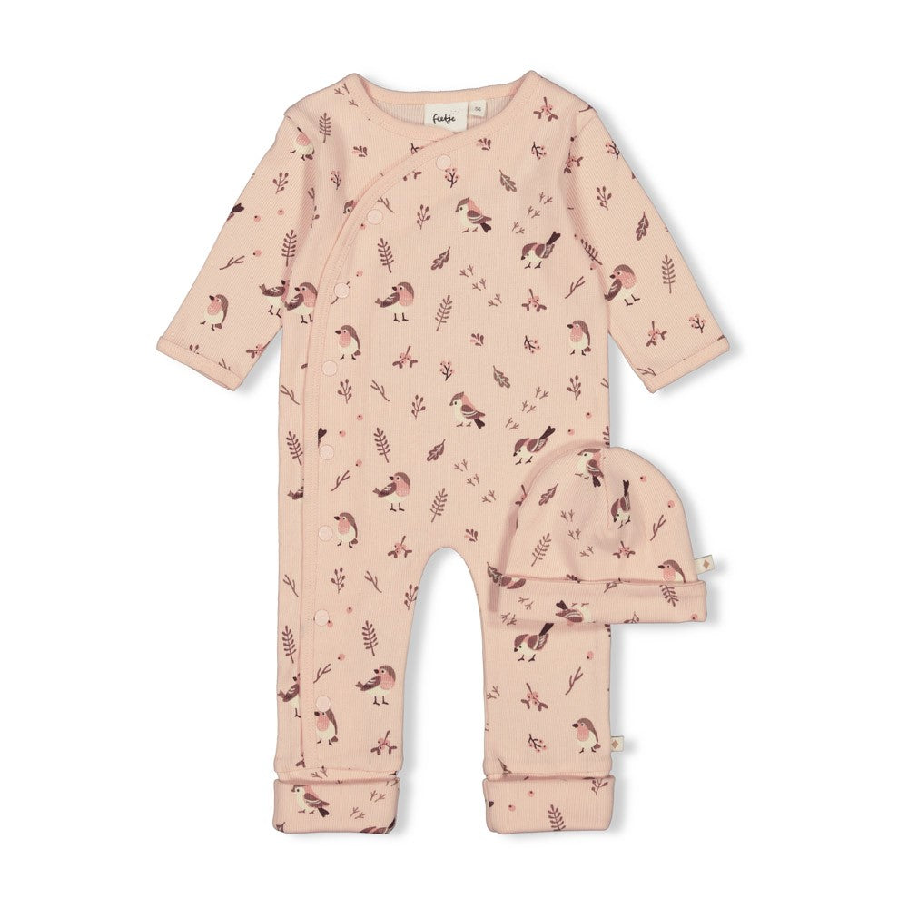 Feetje Strampler mit Klappfuß Geschenkkarton Set mit Mütze - Vogelprint